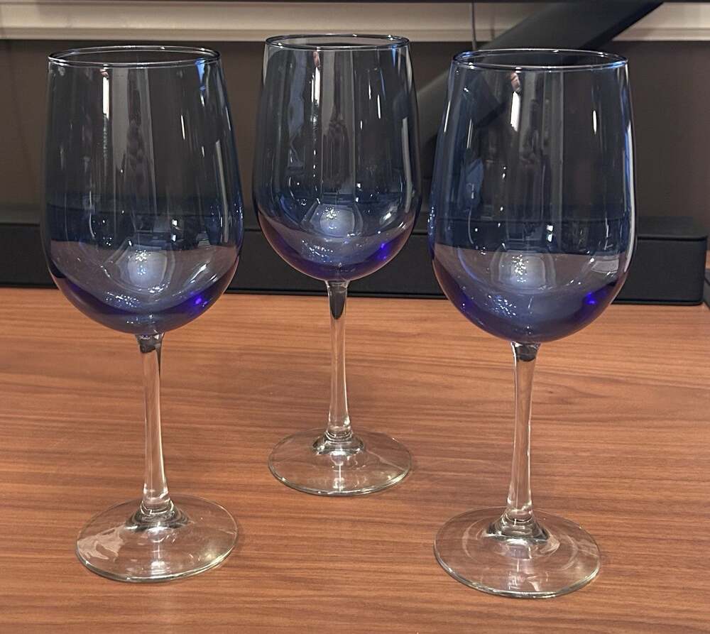 Set of 3 Pier 1 Wine Glasses, Hand Blown Pantiago Blue Bowl, Clear Stem 9 1/4"